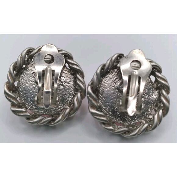 Vintage Earrings Pink Glass Cabochons Dome Clip-on Chunky Silvertone Bezel Set - Picture 4 of 7